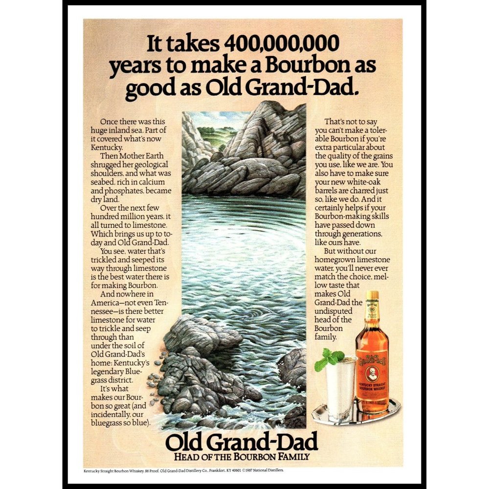 1987 Old Grand-Dad Bourbon Whiskey Vintage Print Ad Drawing Limestone Rocks Art